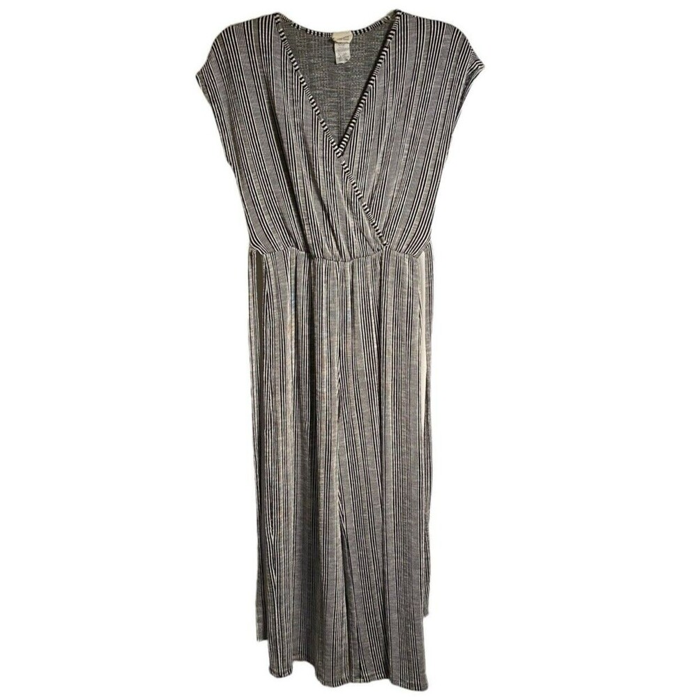 Caution to the Wind Womens M Black White Stripe Surplice Wide Leg Knit Jumpsuit
